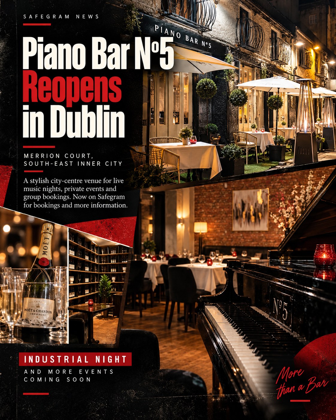 Piano Bar Nº5 at Merrion Court in Dublin with its courtyard, piano room and private-event spaces featured in a Safegram News reopening graphic.