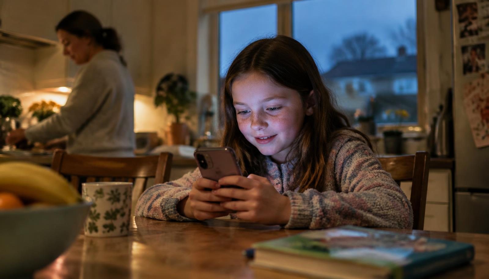 A child at a kitchen table chatting with an AI chatbot on a phone