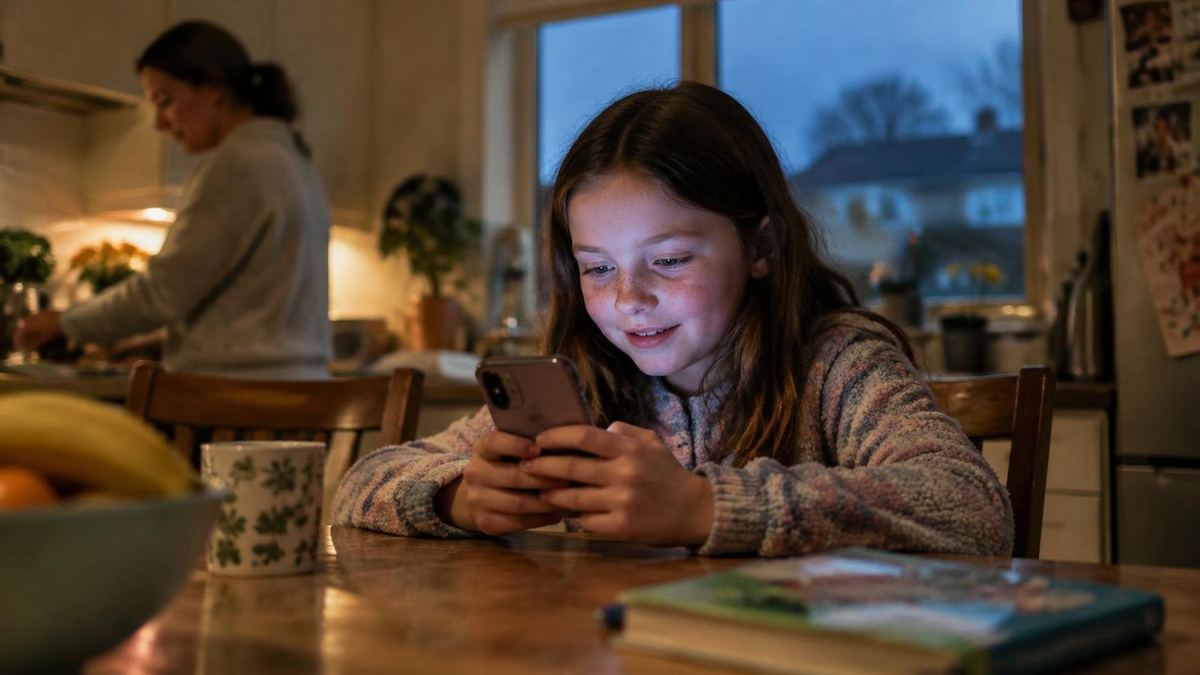 A child at a kitchen table chatting with an AI chatbot on a phone