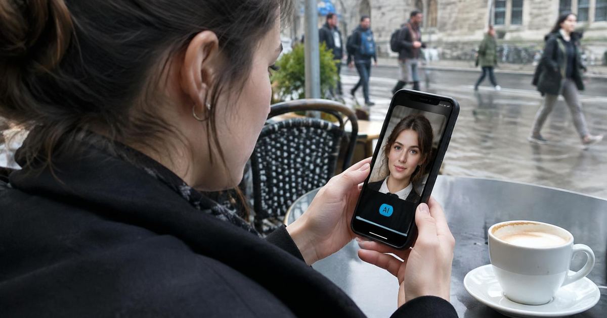 Woman viewing an AI-labelled image on her phone at a Dublin café