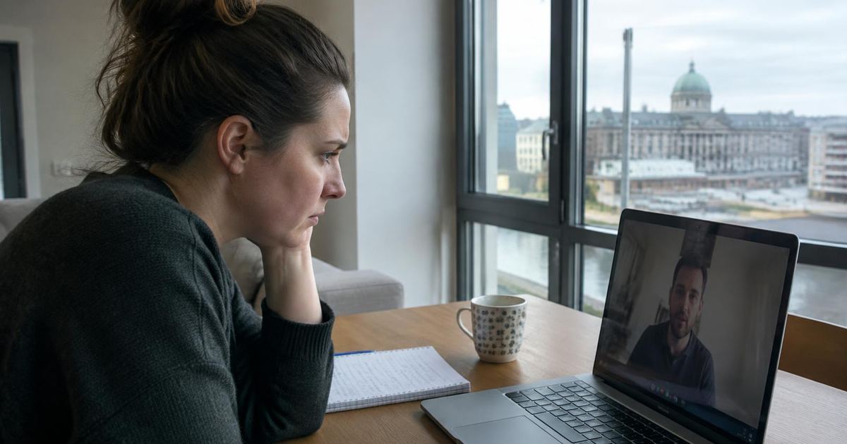 A woman in Dublin looking warily at a man on a video call