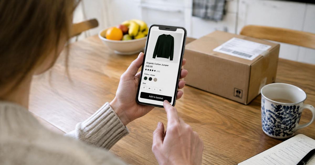 A shopper checking an online marketplace listing on a phone before checkout