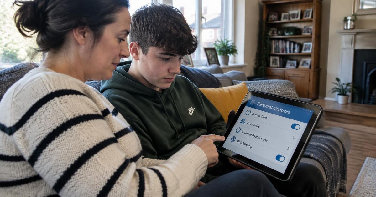 A parent and teenager reviewing parental controls on a tablet
