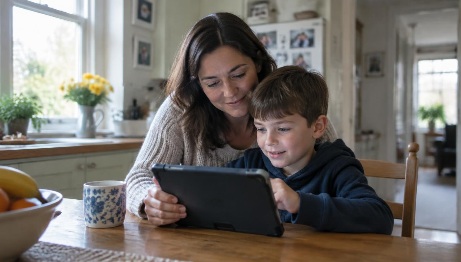 A parent and child using a tablet together at home — Europe’s New KIDS Act Puts Safe by Design at the Centre of Children’s On