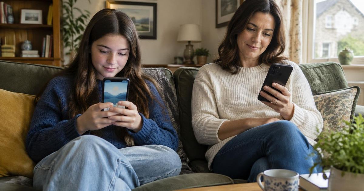 Teenager and parent on a sofa using phones with different app experiences