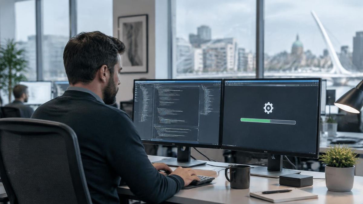 A security engineer in a Dublin office reviewing code and a software patch