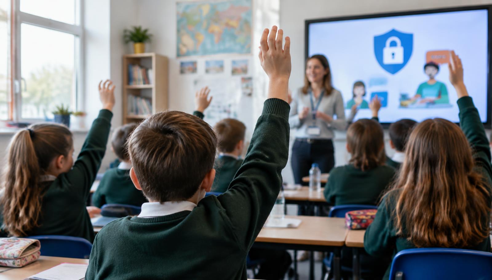 Irish schoolchildren raising hands in an online safety lesson — Irish Children Say Teach Us to Be Safe Online, Don’t Just Ban