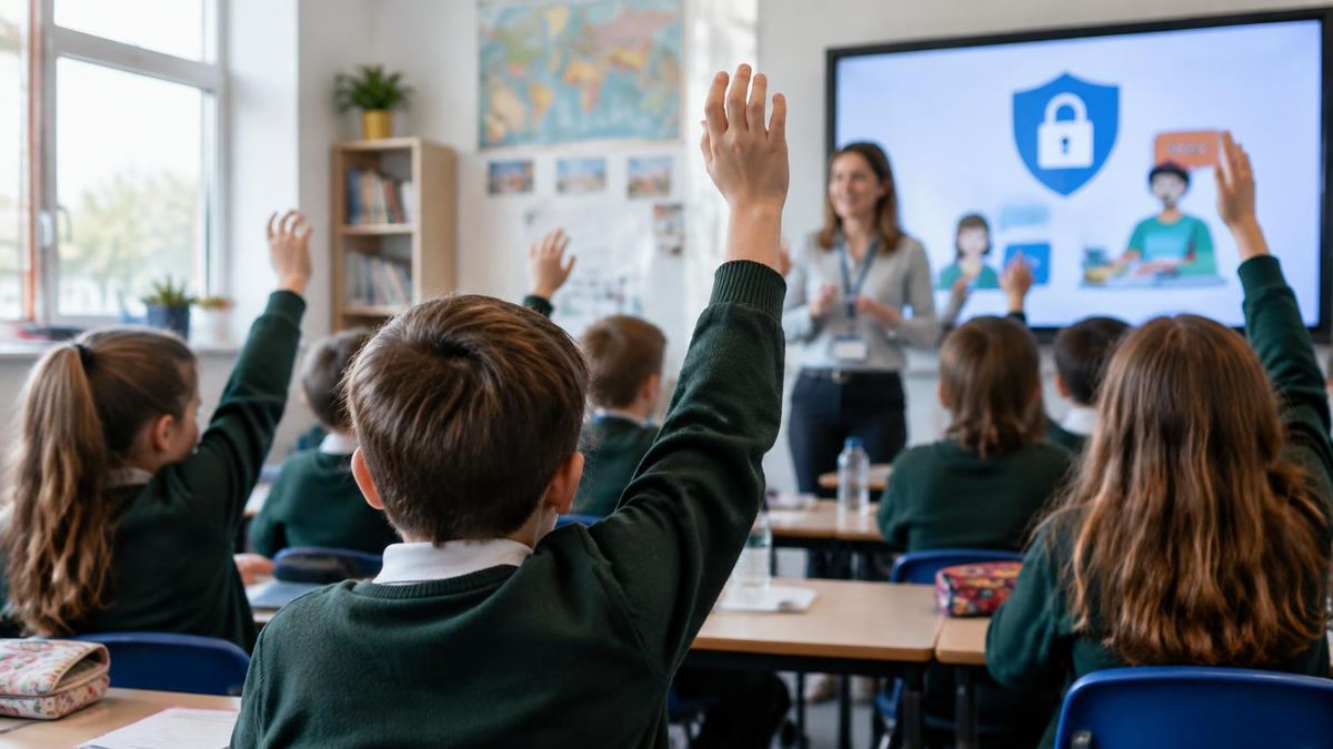 Irish schoolchildren raising hands in an online safety lesson — Online-Sicherheit Kinder & Social Media Verbot | Safegram