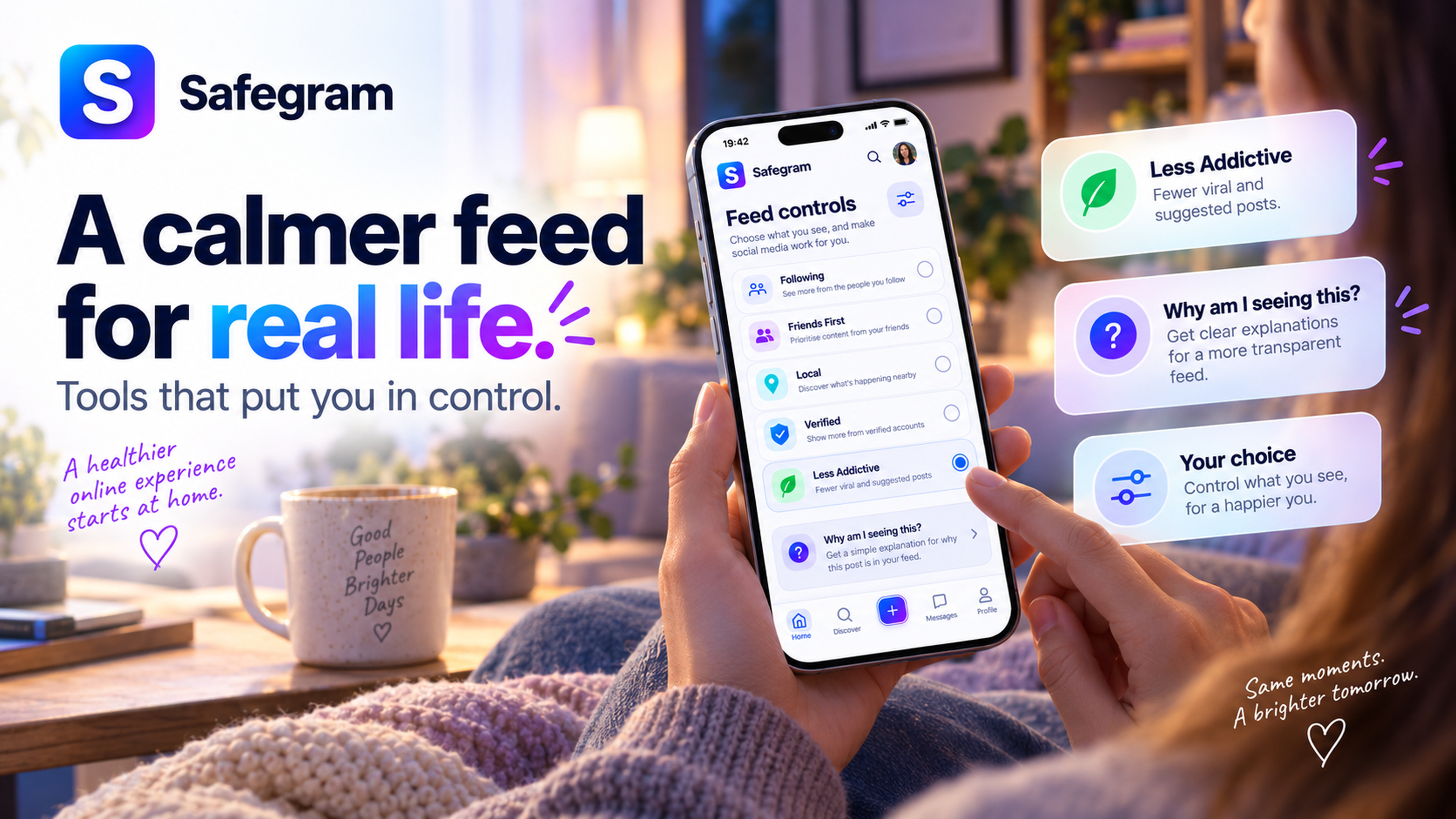 Person at home adjusting Safegram feed settings on a phone.