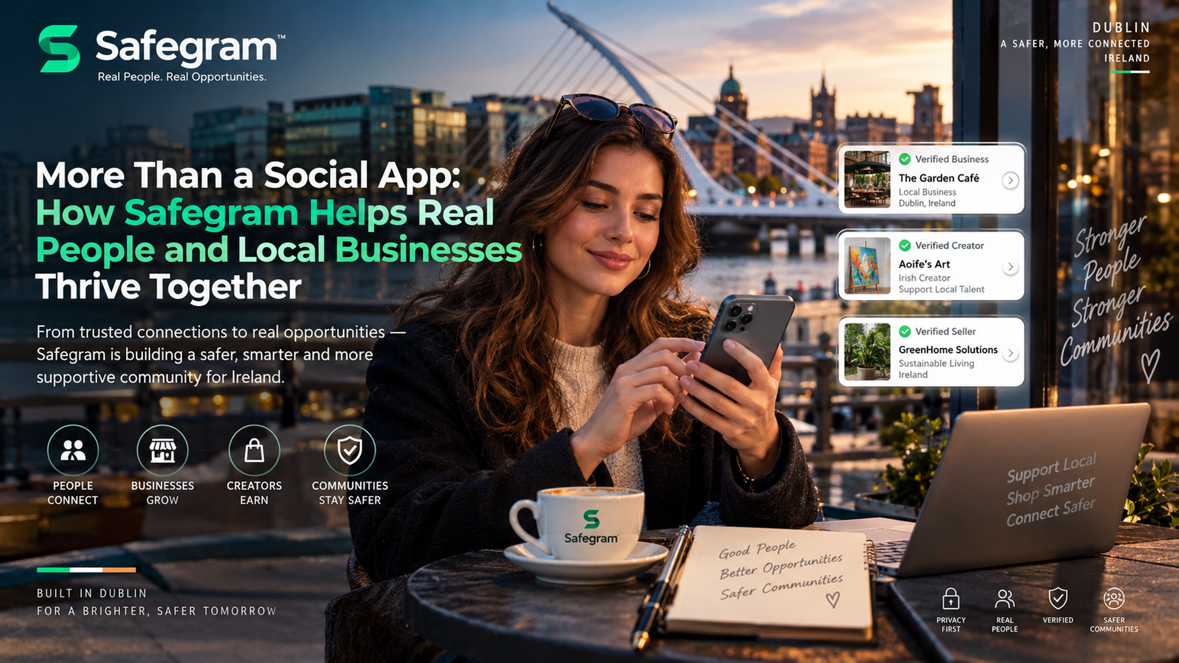 Safegram community and local business experience shown in a Dublin setting.