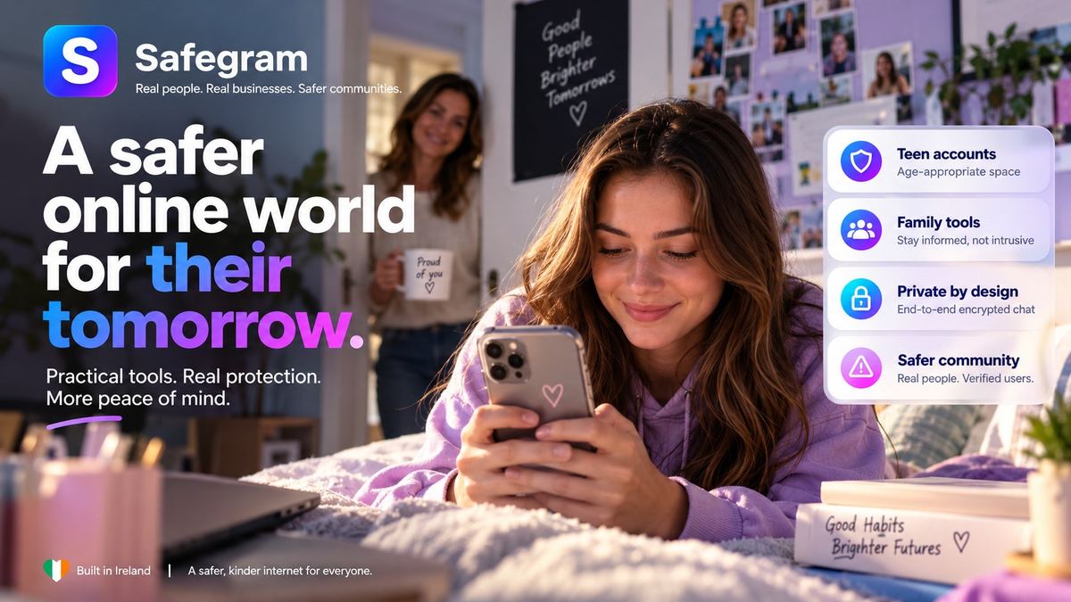 Teen using a phone at home with a parent nearby and Safegram family-safety features displayed.