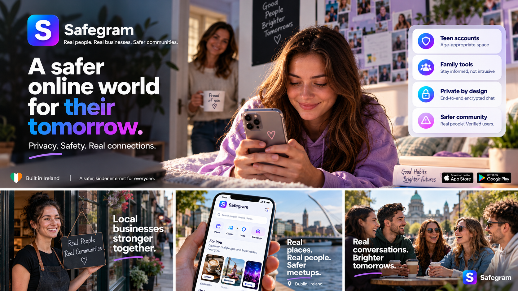Safegram editorial collage showing teen safety, verified communities, local connection and private social features.