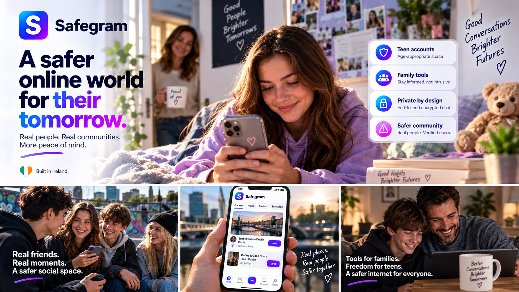Young people and a parent using Safegram-style community and family-safety features in everyday Irish settings.