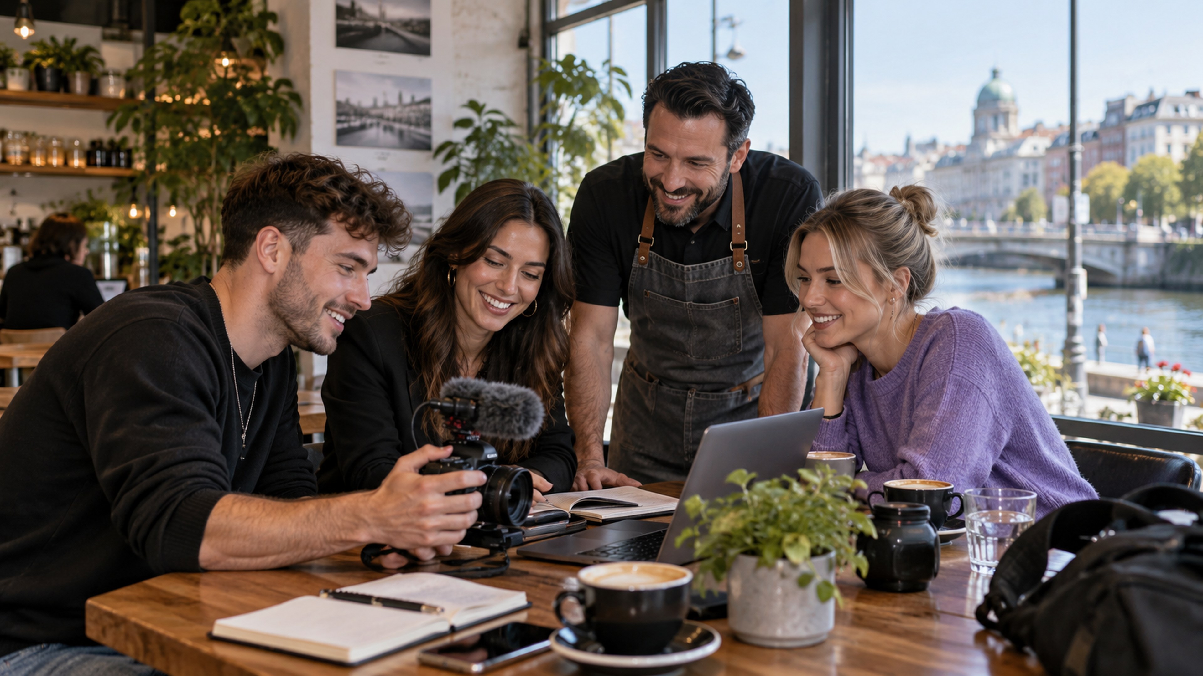 Irish creators and a local business owner collaborating with cameras and a laptop in a bright Dublin café.