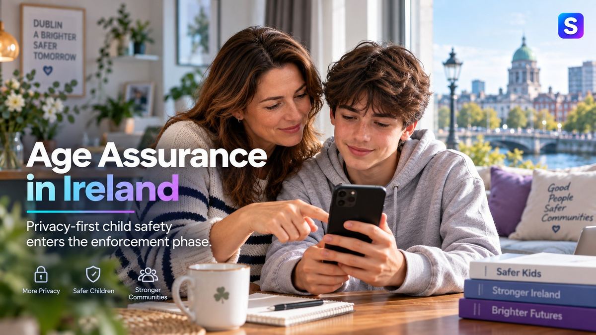 Irish parent and teenager discussing smartphone privacy and age assurance in a bright Dublin home.