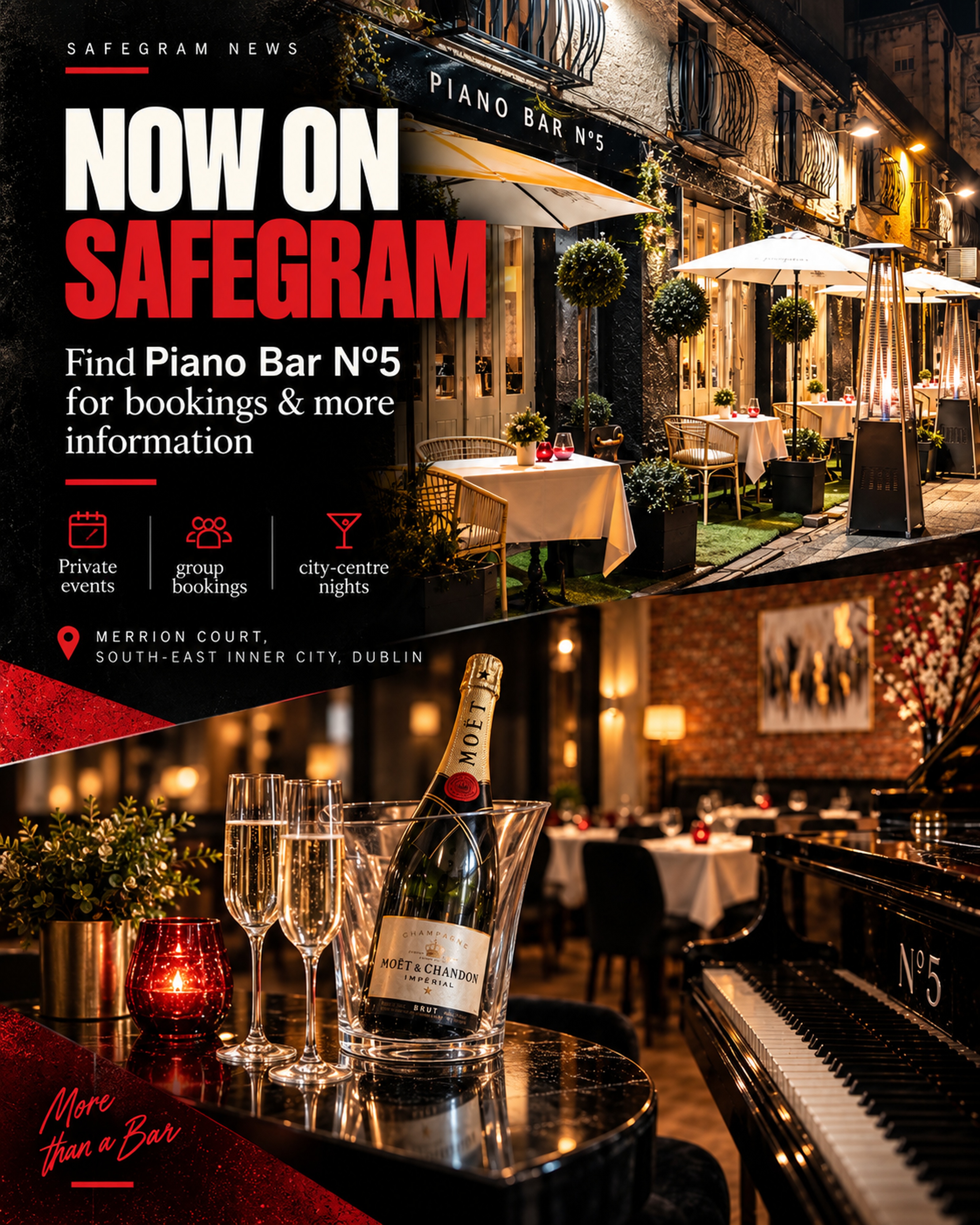 5号钢琴酒吧 Safegram 预订图示,展示了梅里恩法院外观和优雅的室内环境。