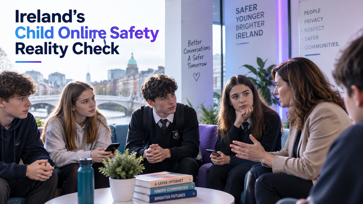 Irish teenagers in a Dublin setting discussing online safety with an adult, representing the 2026 child online safety debate in Ireland.