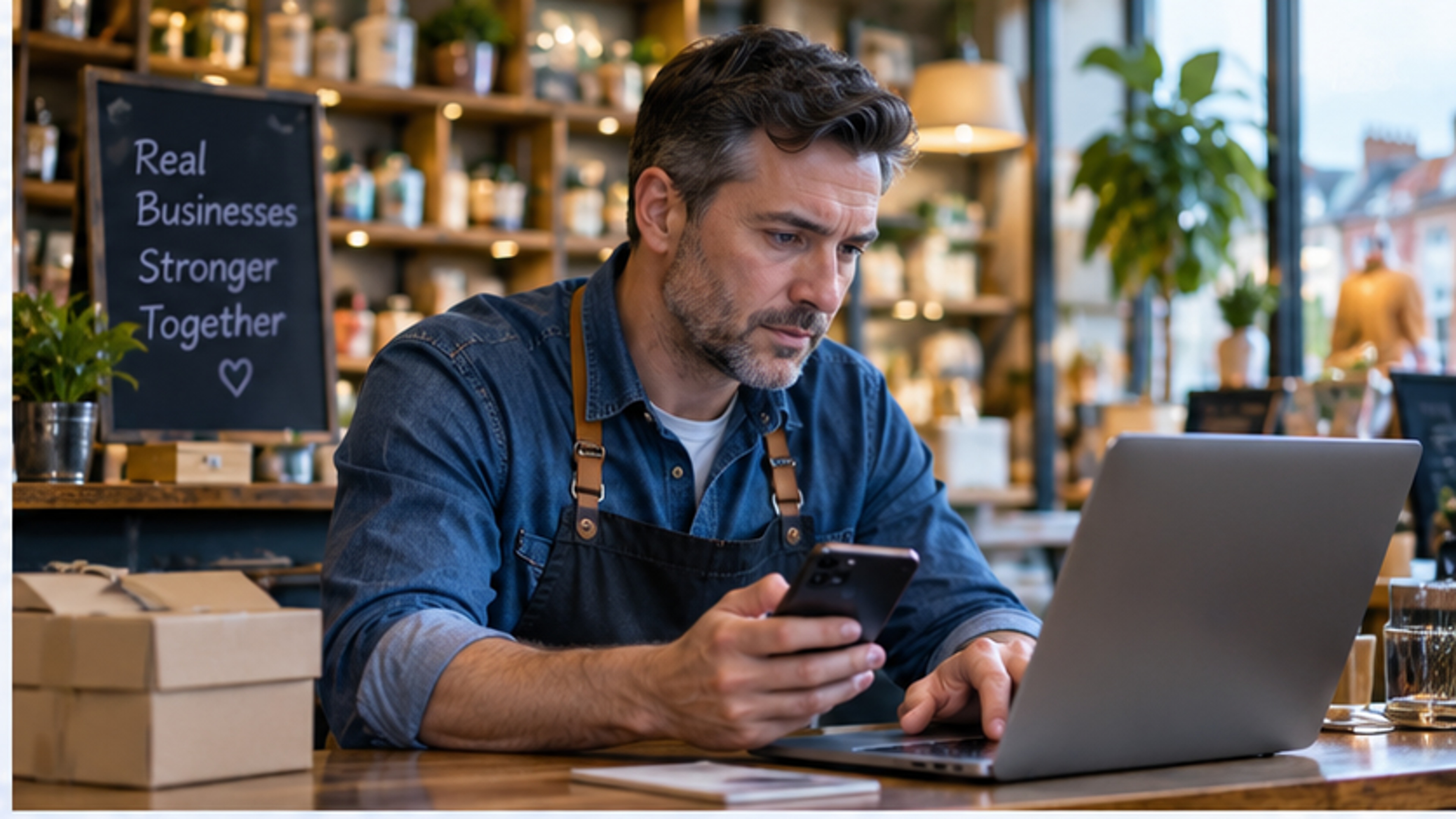 Irish small-business owner working behind a shop counter with a laptop and smartphone.