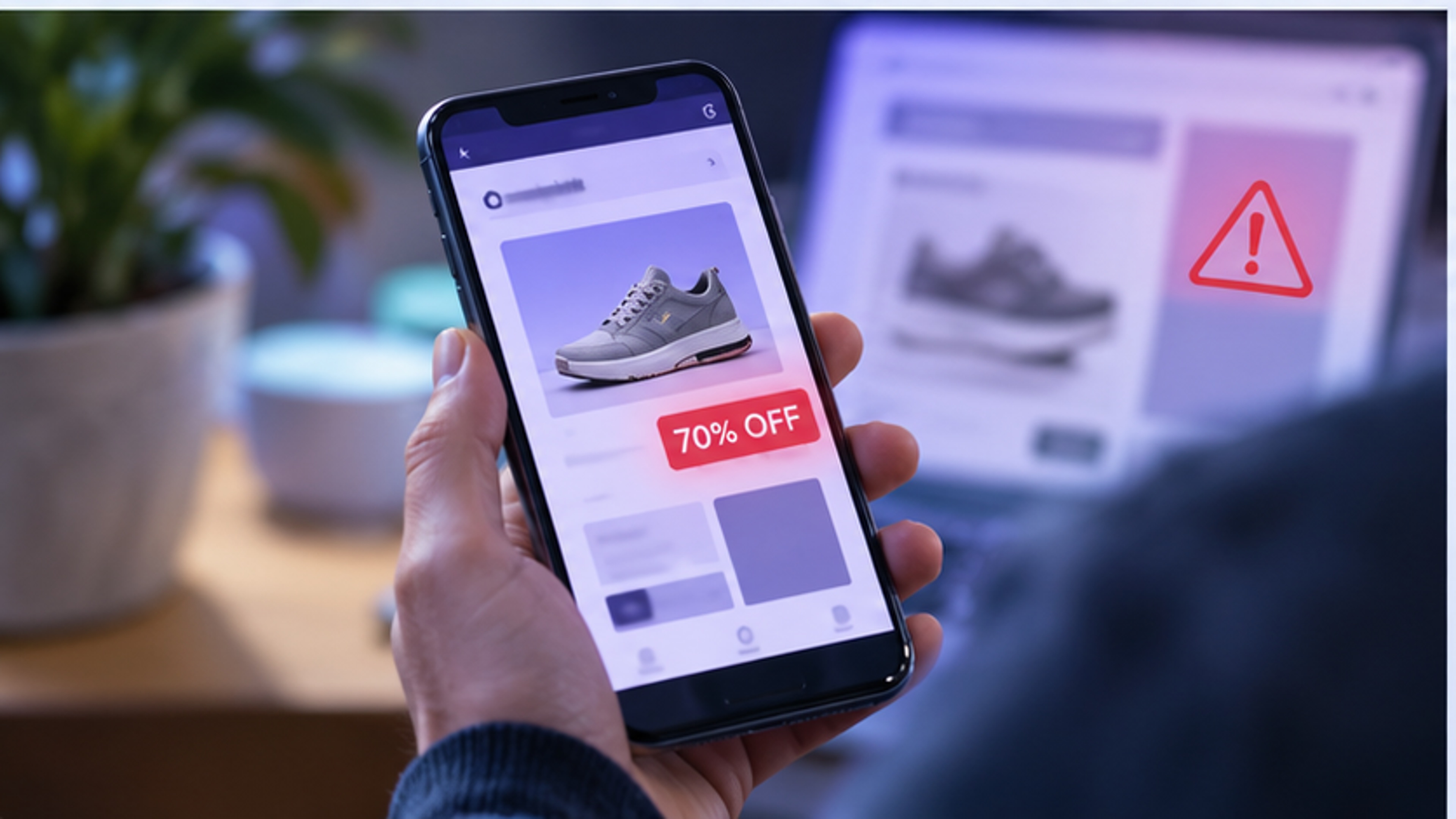 Smartphone displaying a generic heavily discounted online product offer with a warning symbol.