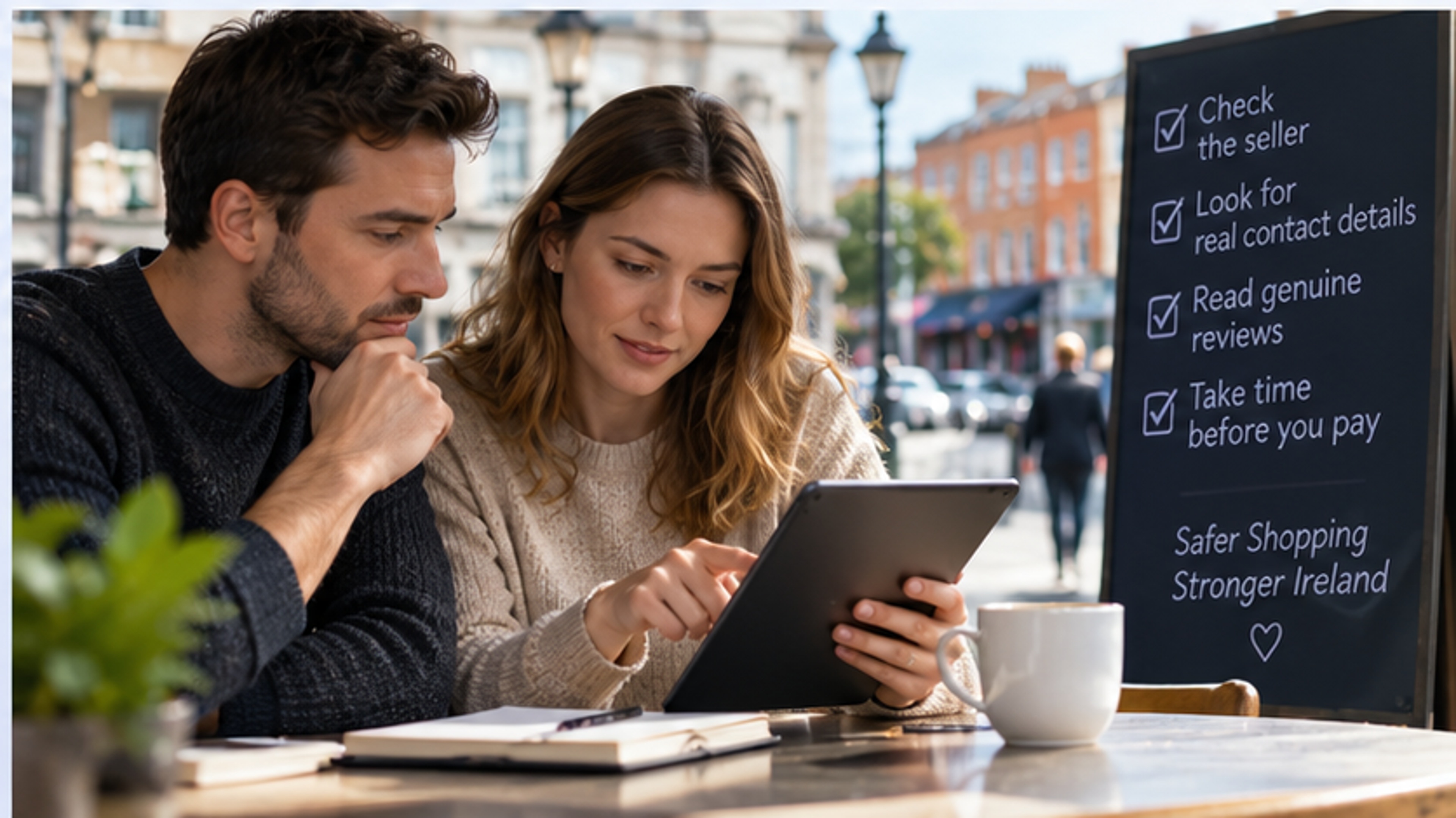 Couple researching an online seller before making a purchase, beside a checklist of verification steps.