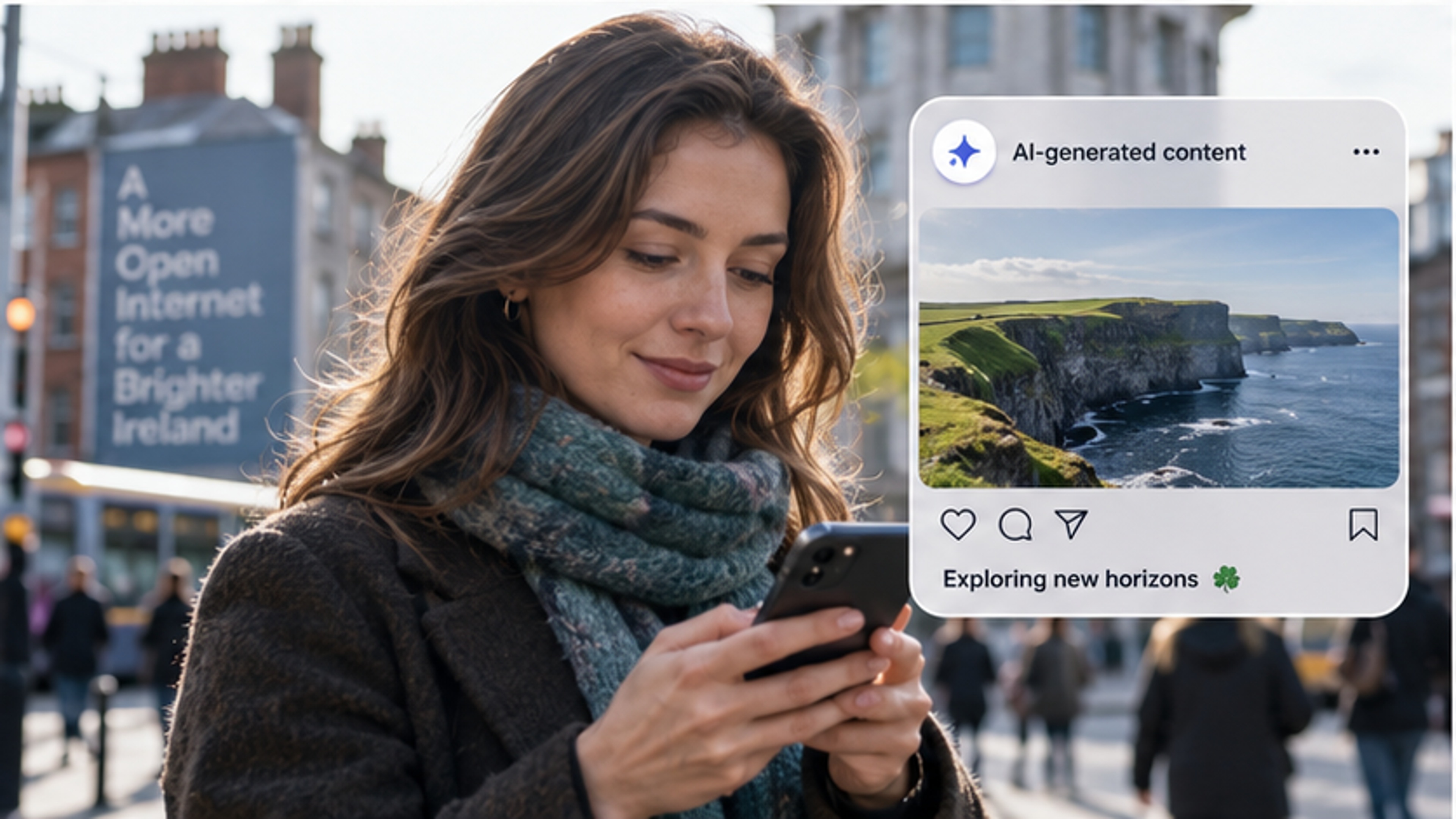 Frau betrachtet ein klar gekennzeichnetes, KI-generiertes Landschaftsbild auf einem Smartphone in Dublin.