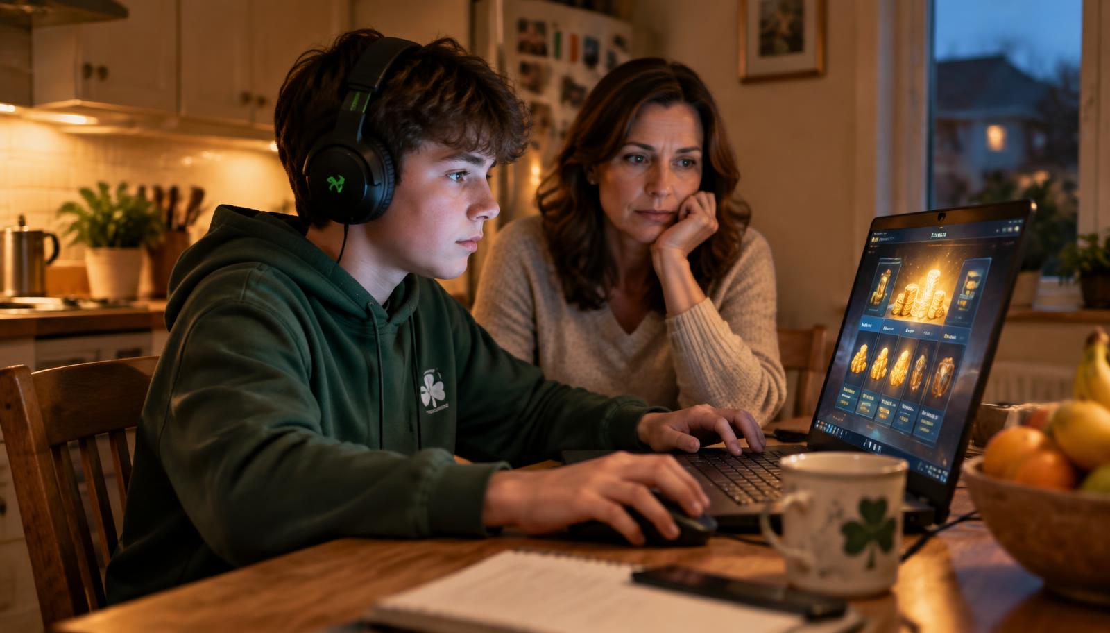 Irish teenager playing a video game with a parent watching the in-game coin shop