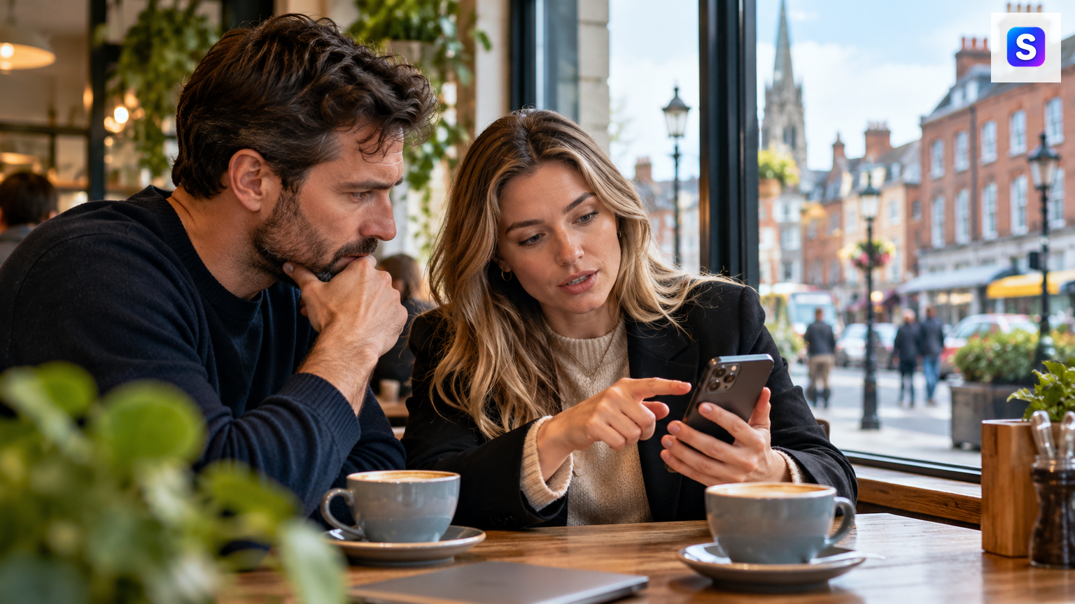 Two people in a Dublin café reviewing smartphone privacy information