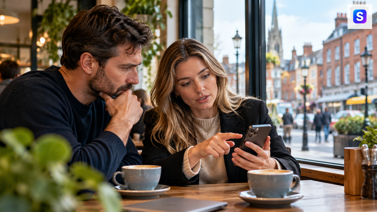 Two people in a Dublin café reviewing smartphone privacy information
