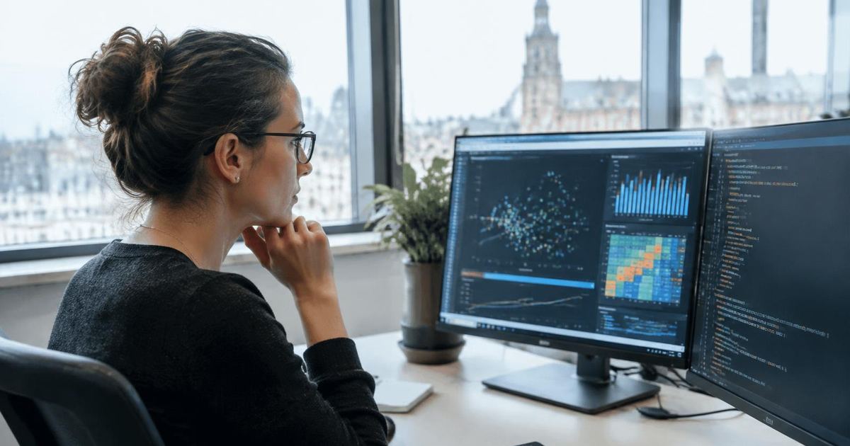 Analyst reviewing algorithm data and code on office monitors