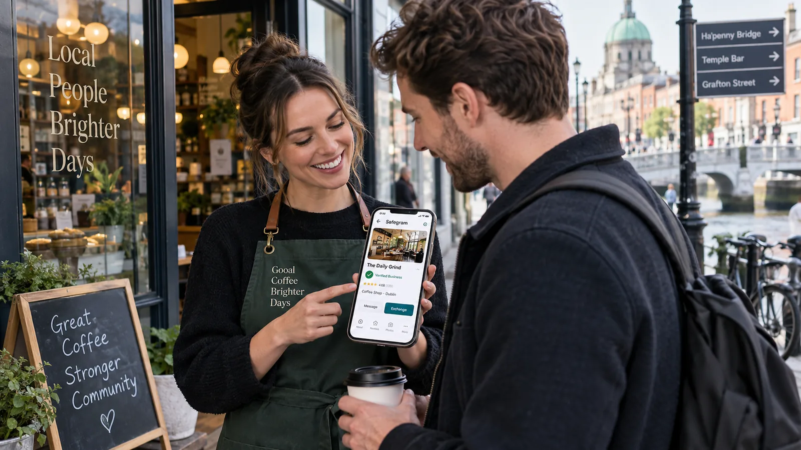 Customer and local business owner in Dublin using Safegram's verified marketplace on a smartphone