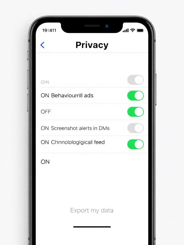 Instagram alternative — privacy controls screen with behavioural ads off and EU data residency