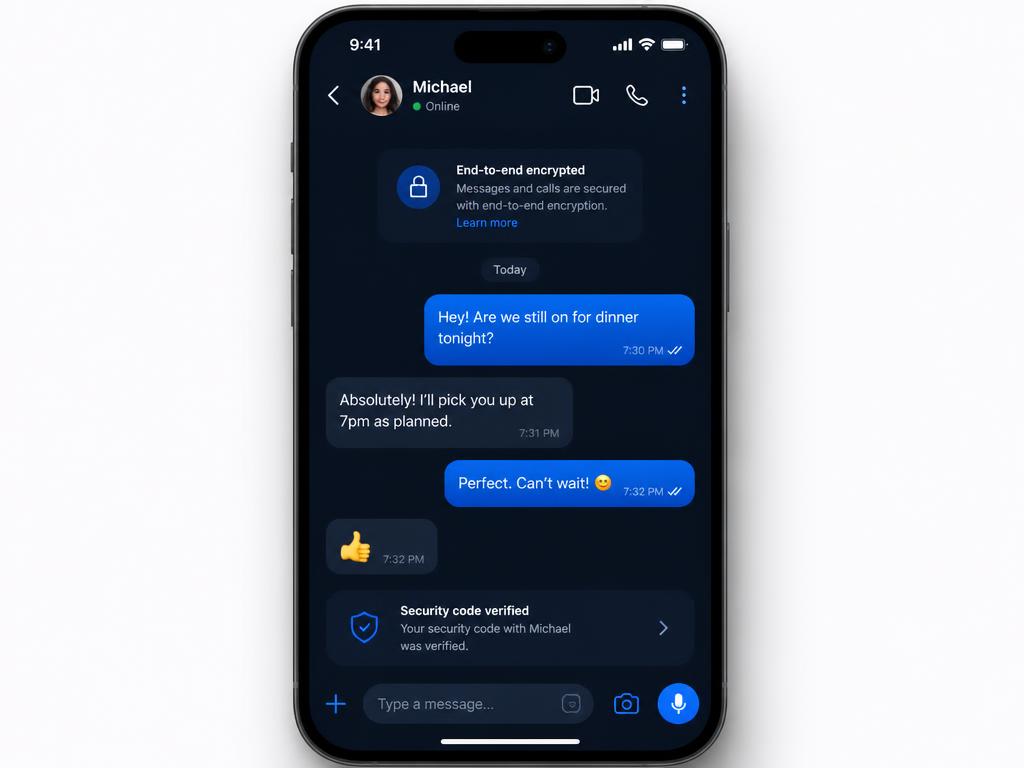 Safegram encrypted chat thread showing a locked conversation between two verified people