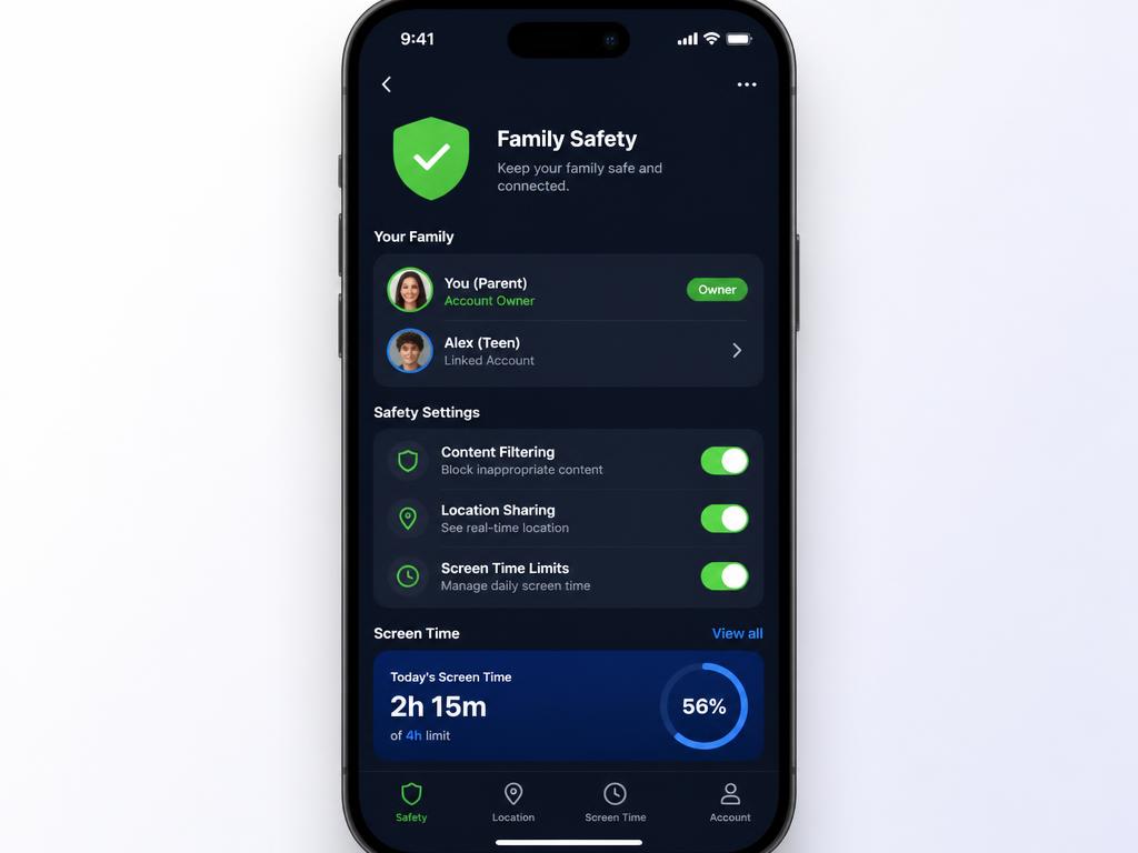 Safegram family safety settings showing a parent and teen linked account with safety toggles