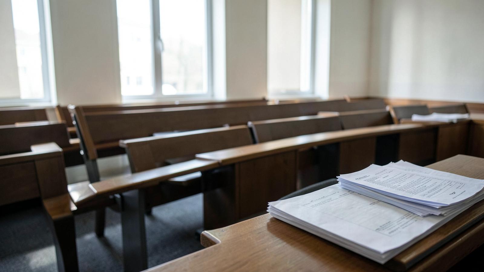 Empty courtroom benches with stacks of legal documents