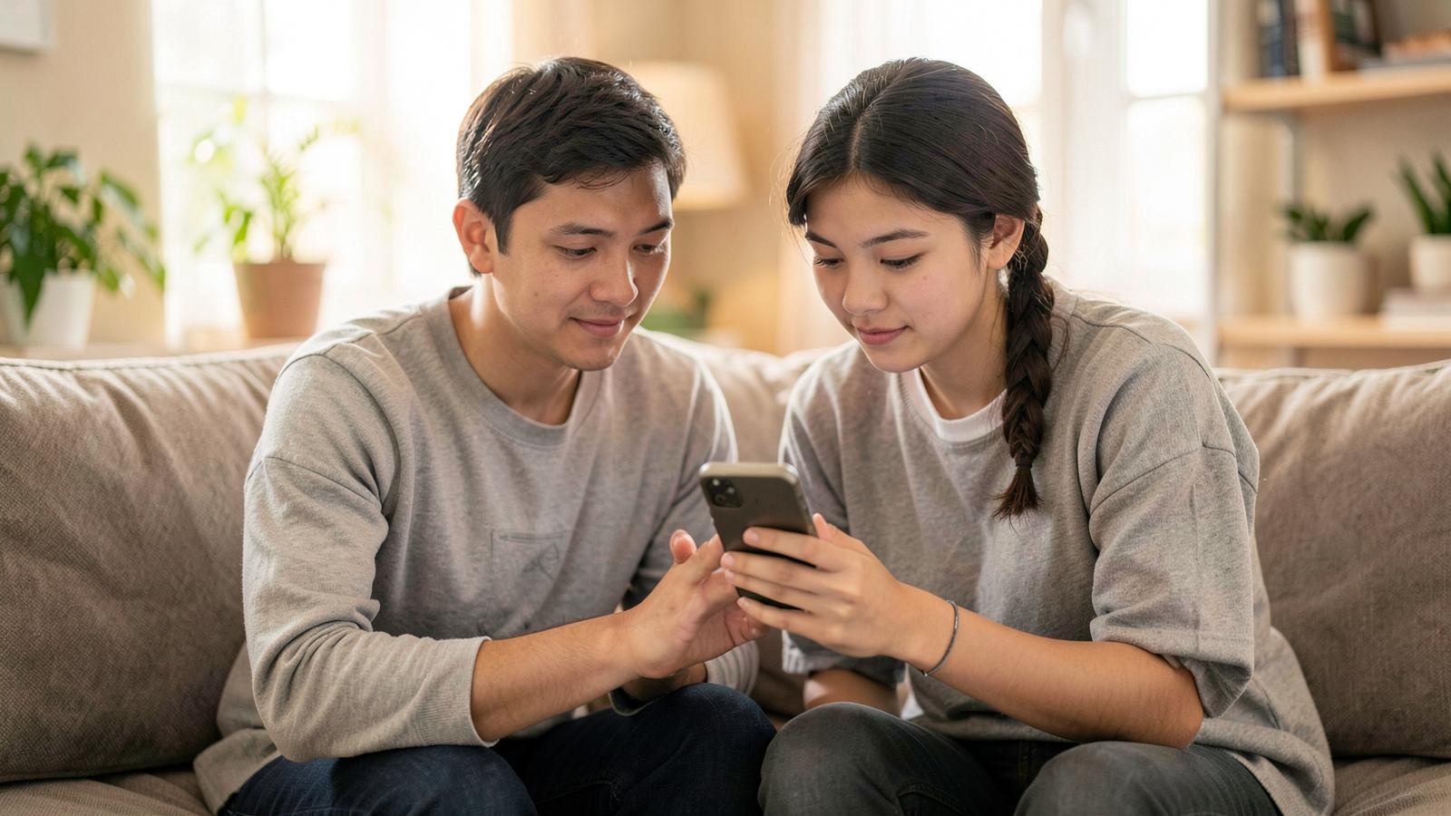 A parent and teenager looking at a phone together at home